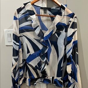 White House Black Market Blue and white Ruffle Blouse